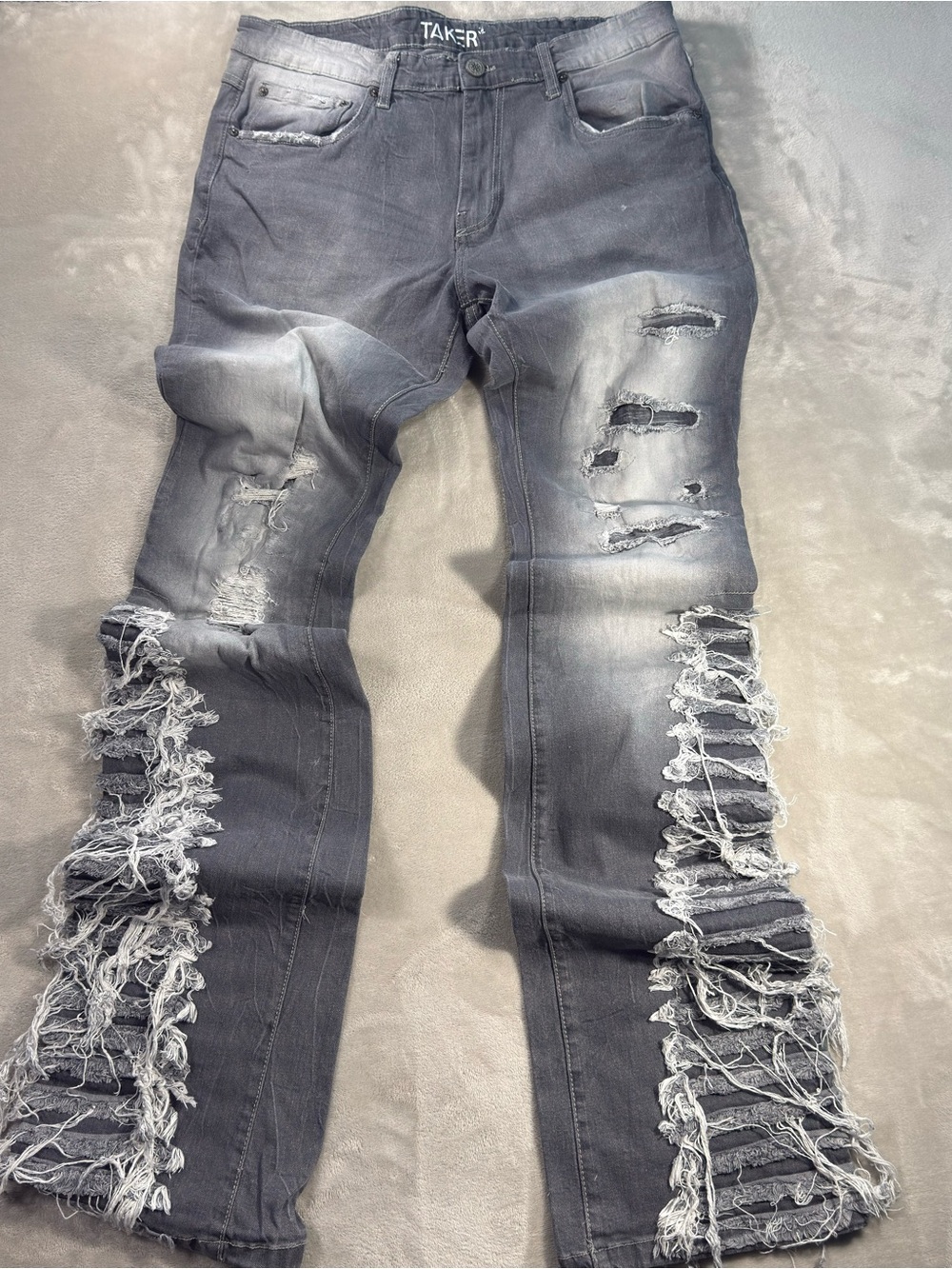 Taker Skinny Distressed Frayed Flare Super Stacked Gray Jeans Men's Sz 36x44